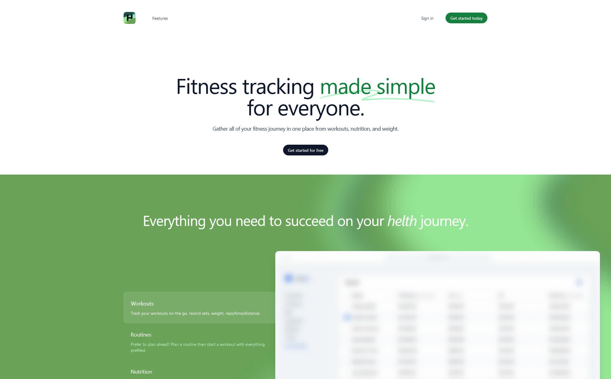 The landing page for helth.lol showing a logo and slogan 'Fitness tracking made simple for everyone'